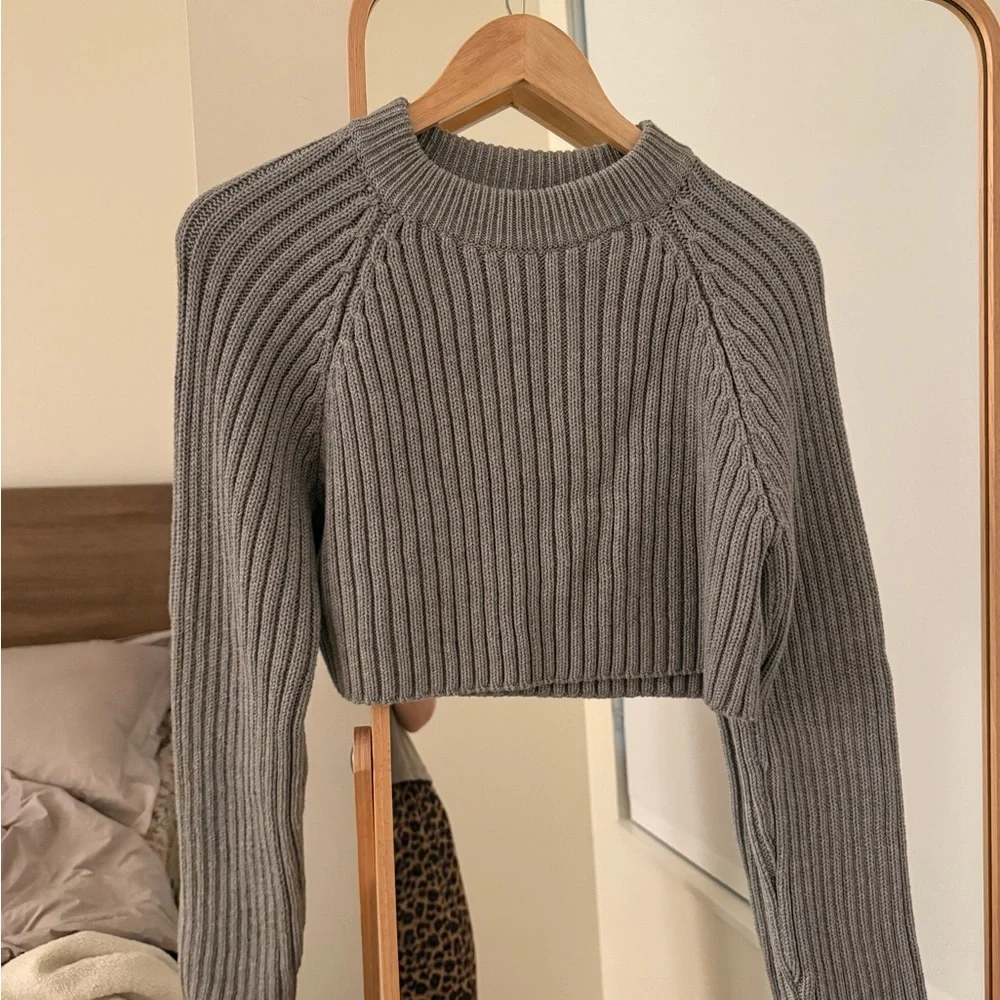 Zara Gray Ribbed Cropped Knit Top - Picture 3 of 6